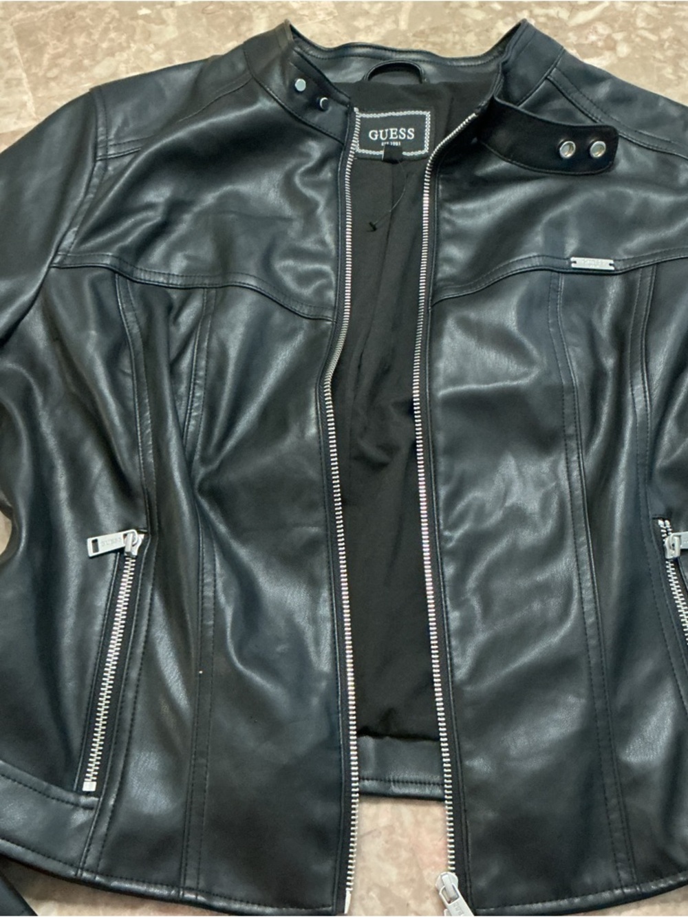 Guess Black Faux Leather Moto Jacket with Silver Hardware